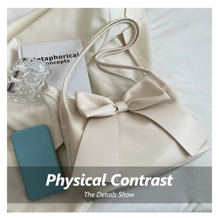 Fashionable Large Capacity Bow Knot Shoulder Bag Cute Kawaii Bow Decor Water Bucket Bag Lightweight Casual Handbag