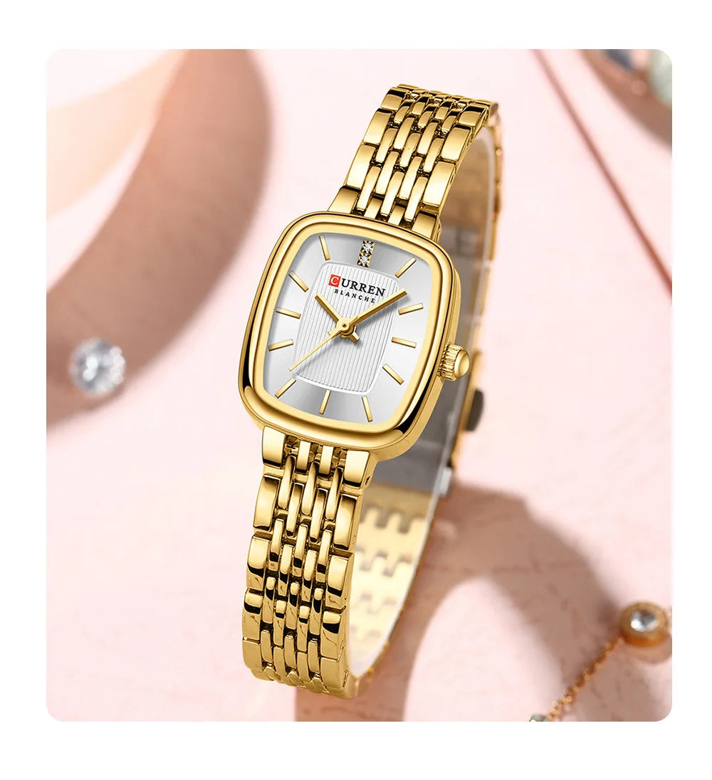 CURREN 9093 Fashion Quartz Women Watch Simple Elegant Square Dial Gold Stainless Steel Strap Waterproof Leisure Business Watches