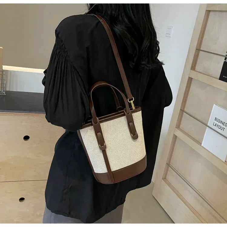 2025 Fashion Versatile PU Canvas Bucket Shoulder and Crossbody Bags Simple Casual Sense of Luxury Retro Handbags for Women