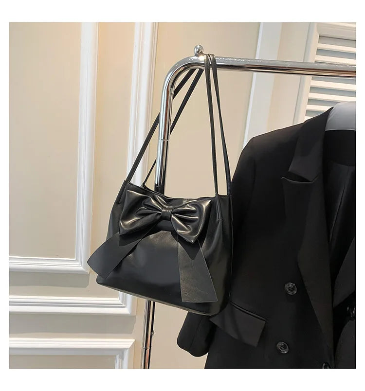 Fashionable Large Capacity Bow Knot Shoulder Bag Cute Kawaii Bow Decor Water Bucket Bag Lightweight Casual Handbag