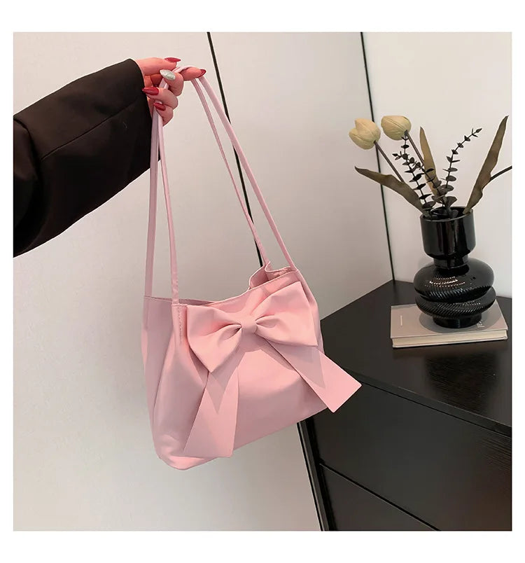 Fashionable Large Capacity Bow Knot Shoulder Bag Cute Kawaii Bow Decor Water Bucket Bag Lightweight Casual Handbag
