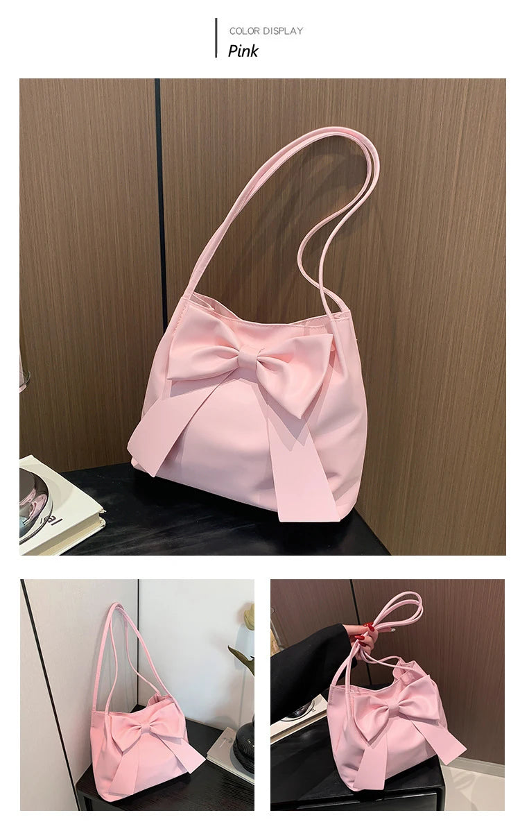 Fashionable Large Capacity Bow Knot Shoulder Bag Cute Kawaii Bow Decor Water Bucket Bag Lightweight Casual Handbag