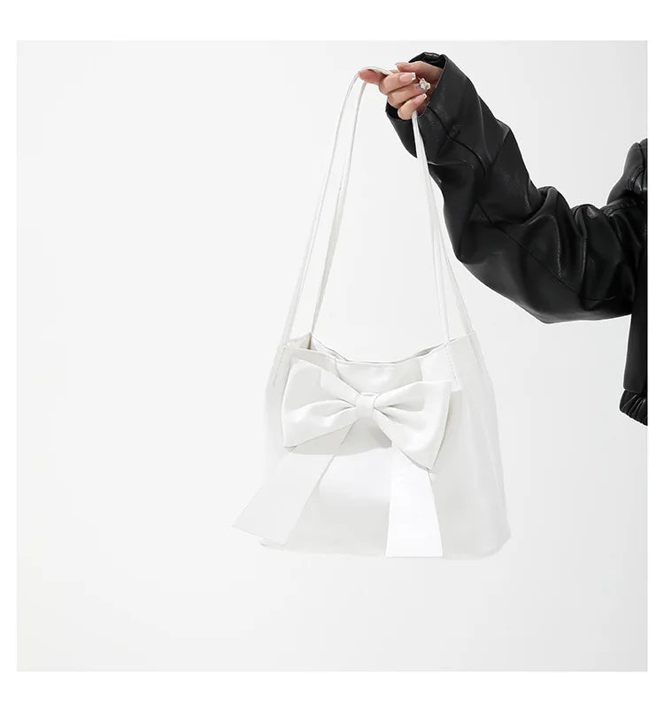 Fashionable Large Capacity Bow Knot Shoulder Bag Cute Kawaii Bow Decor Water Bucket Bag Lightweight Casual Handbag