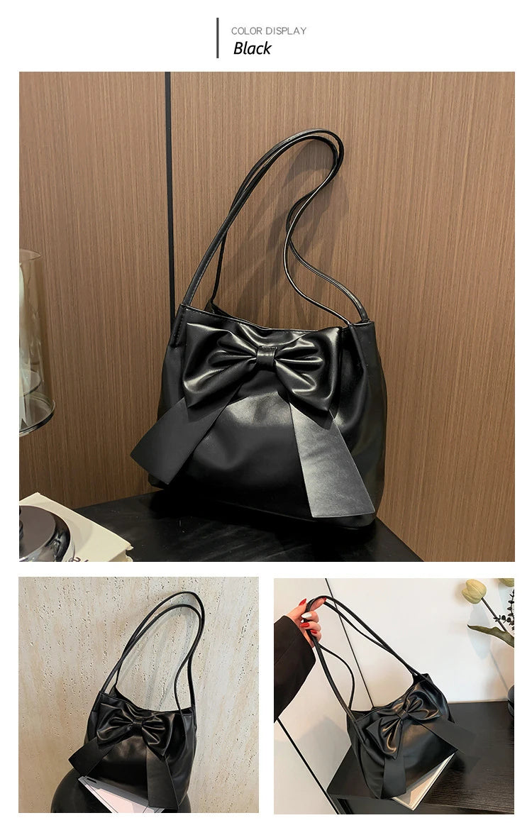 Fashionable Large Capacity Bow Knot Shoulder Bag Cute Kawaii Bow Decor Water Bucket Bag Lightweight Casual Handbag