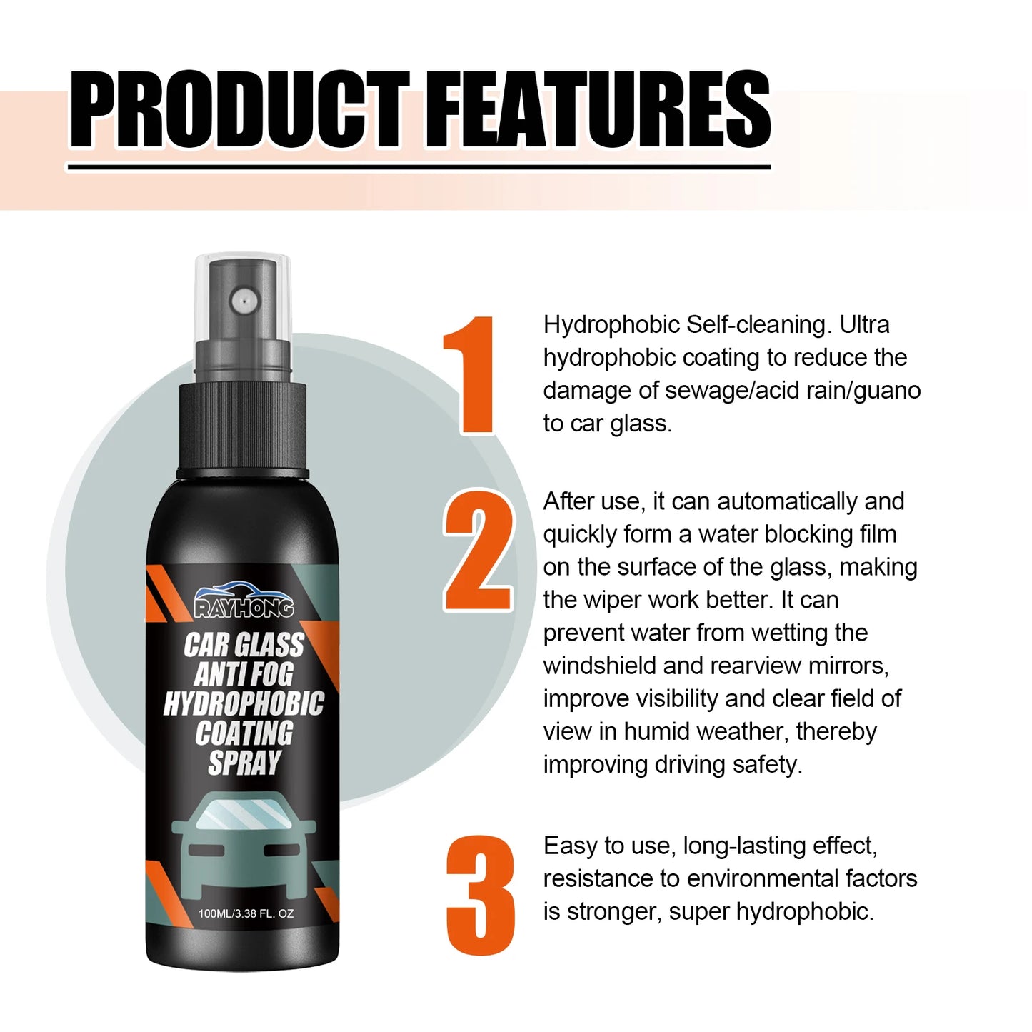 Hydrophobic Windshield Spray - Water Repellent Anti-Fog Coating for Car & Mirrors,Quick-Drying Streak-Free Protection & Cleaning