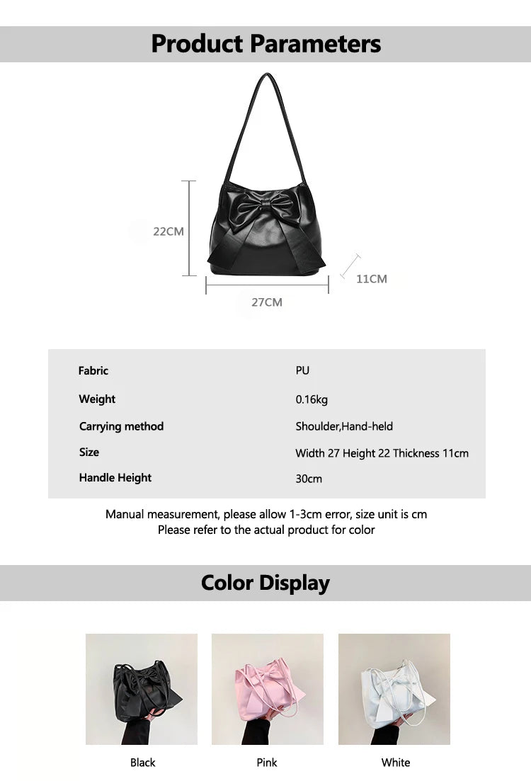 Fashionable Large Capacity Bow Knot Shoulder Bag Cute Kawaii Bow Decor Water Bucket Bag Lightweight Casual Handbag