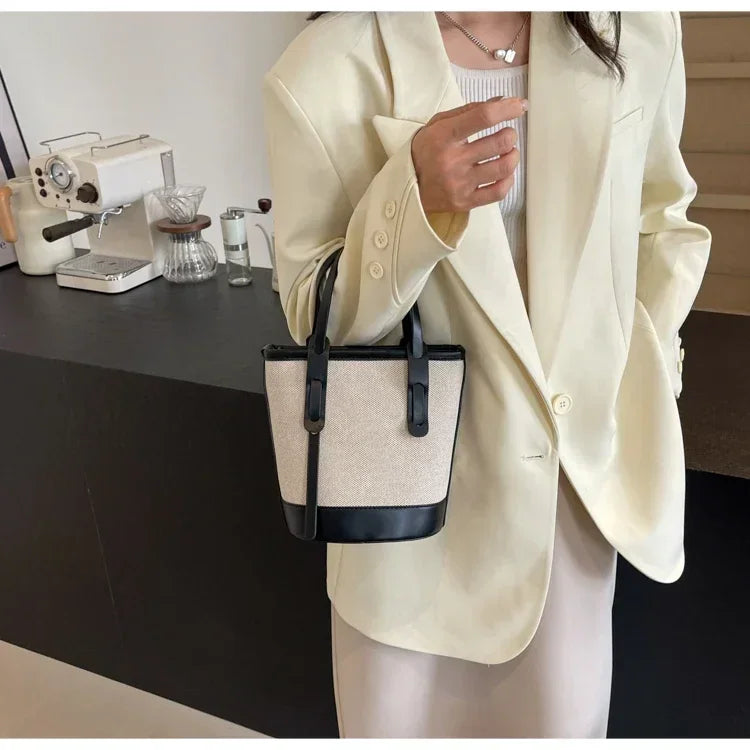 2025 Fashion Versatile PU Canvas Bucket Shoulder and Crossbody Bags Simple Casual Sense of Luxury Retro Handbags for Women
