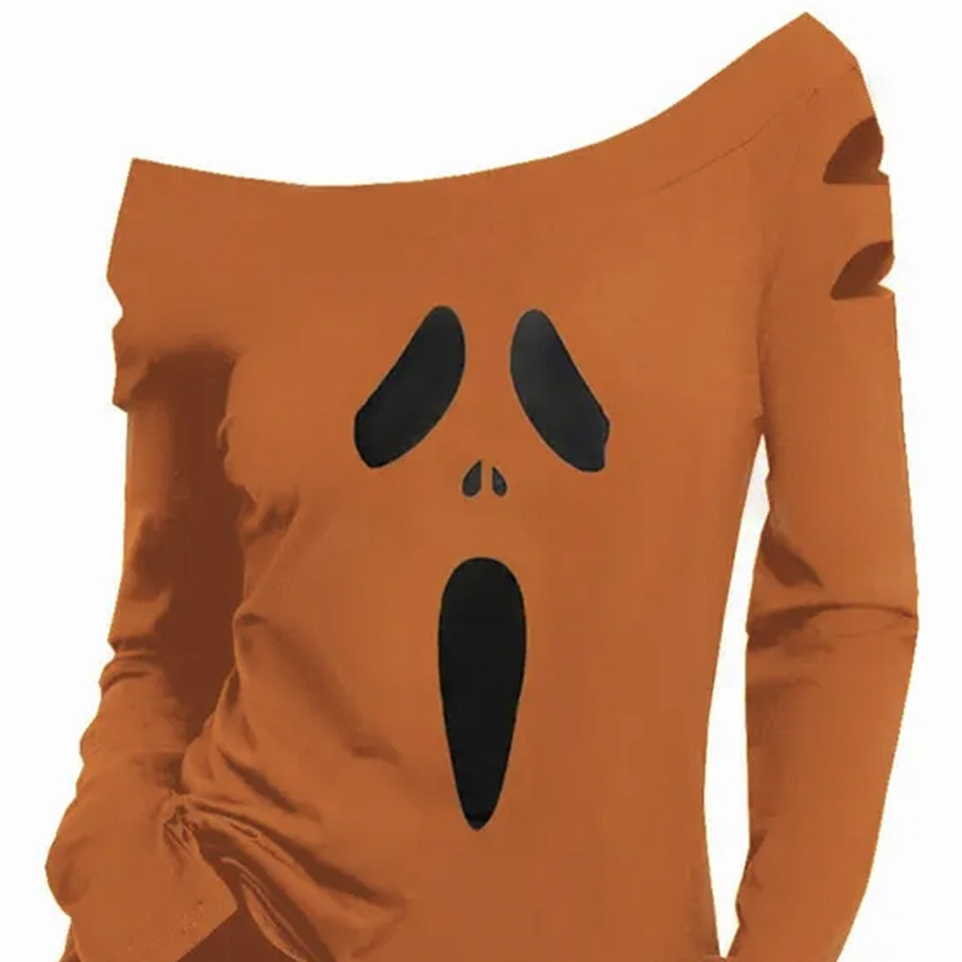 Damen Halloween Kürbis bedrucktes Gothic T-Shirt mit diagonalem Kragen und hohlen langen Ärmeln 