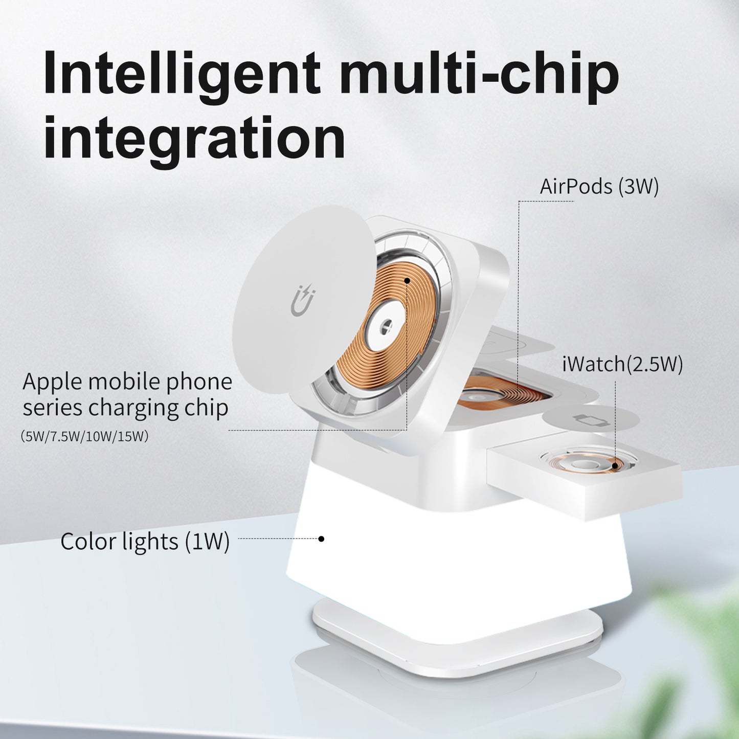 Support de chargeur sans fil 4 en 1 rotatif et lumineux pour téléphone 15 14 13 12 Pro Max 8 7 Station de charge rapide magnétique