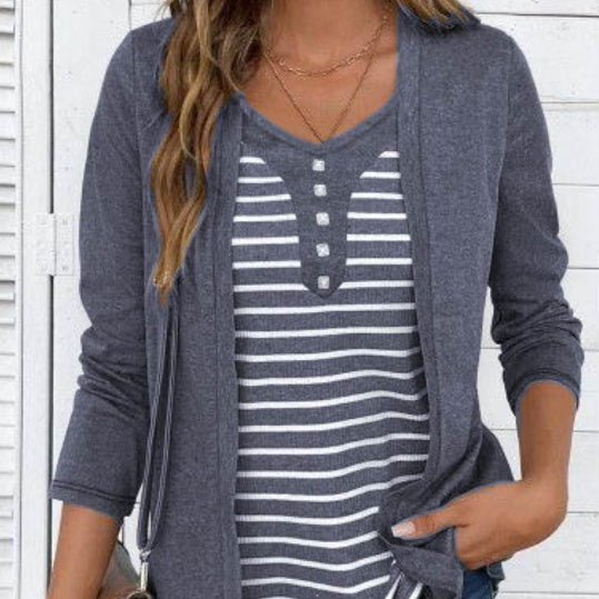 Women's Striped V-neck Fake Two-piece Design Long Sleeved Versatile T-shirt Top