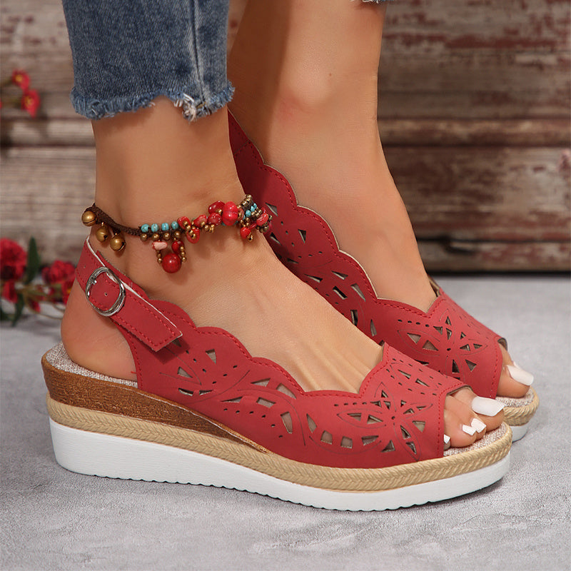 Neue Fischmaul-Keilsandalen Sommer Dickbesohlte Hohlschnalle Römische Schuhe für Frauen