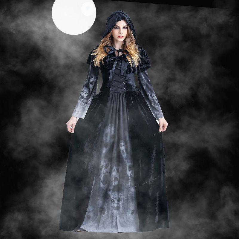 Halloween Femmes Médiéval Gothique Sorcière Maléfique Horreur Peur Costume Cosplay Fête Carnaval Fantôme Longue Robe Noire à Capuche