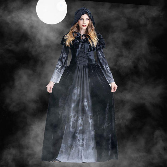 Halloween Damen Mittelalter Gothic Hexe Maleficent Horror Gruselig Cosplay Kostüm Karneval Party Geist Langes Schwarzes Kapuzenkleid