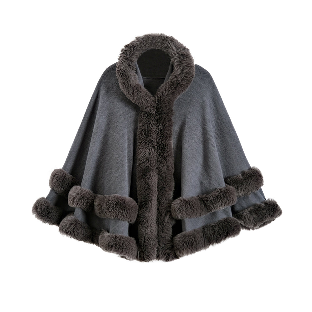 Oversized Knitted Cape Outer Shawl Artificial Fur Collar Hooded Warm Jacket