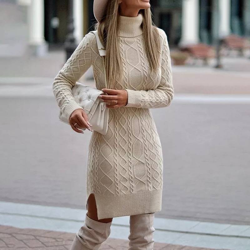 Stylish Fashion Turtleneck Knitted Dress With Slit Design Winter Warm