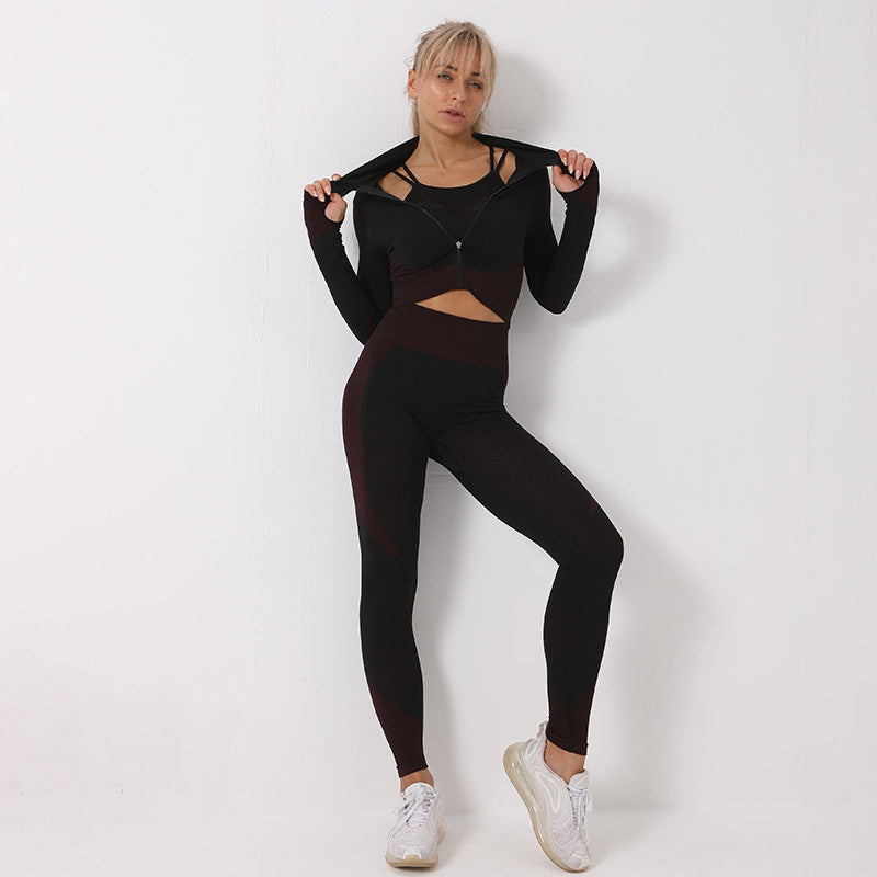 Ensemble de yoga 3 pièces sans couture pour femme - Leggings, haut court et soutien-gorge de sport - Tenue de fitness pour femme - Survêtement