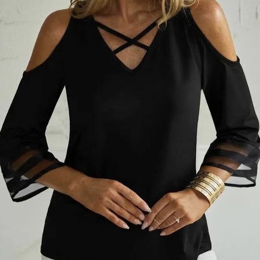 Damen T-Shirt mit einfarbigem Kragen und Kreuz-Design, schulterfrei, modisch, lässig, mittellang 