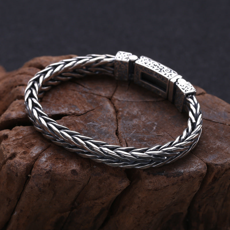 Bracelet tressé en rotin pour hommes, en argent sterling 925