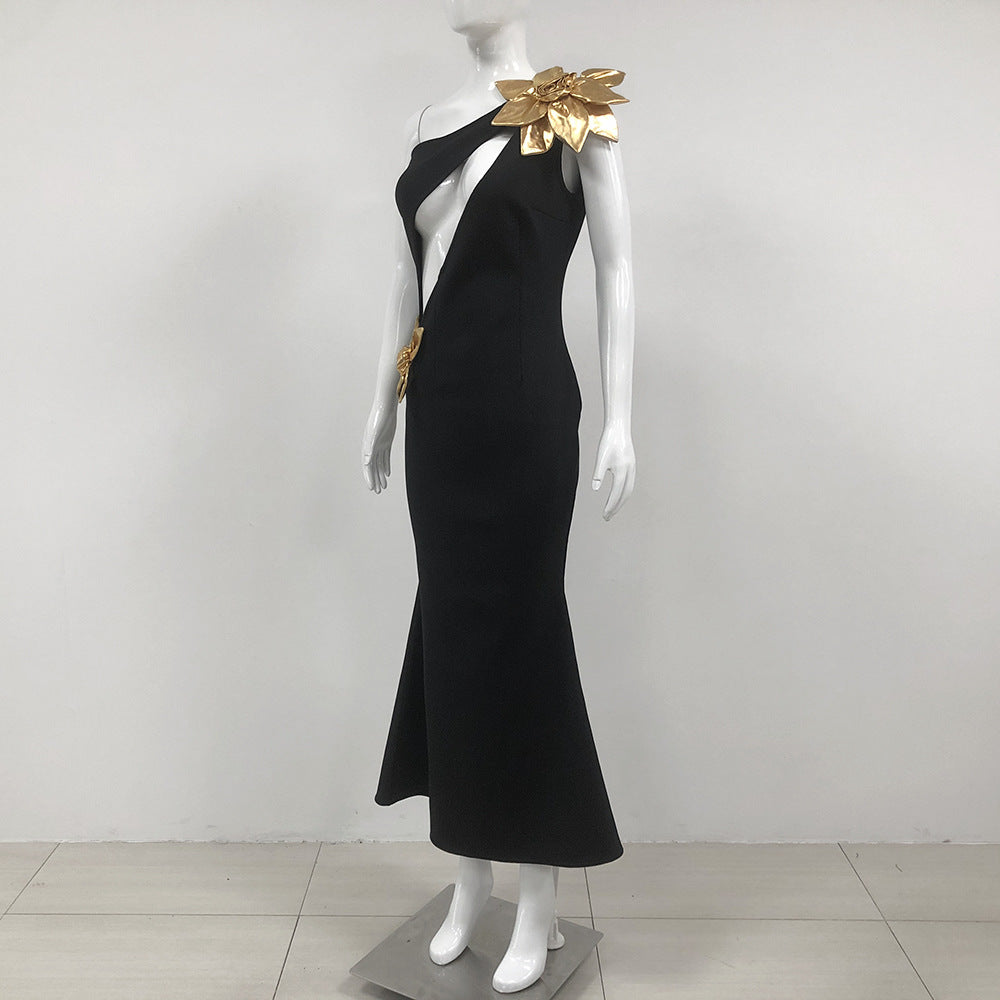 Stylish Slim Fit Bandage Golden Flower Maxi Dress for Everyday Wear