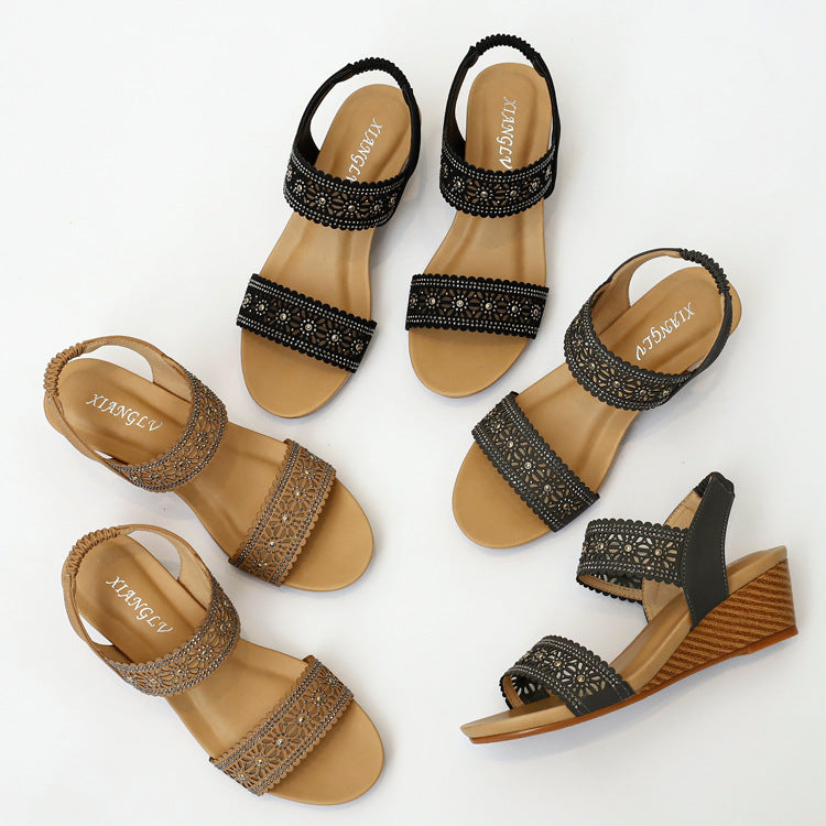 Blume Aushöhlen Sandalen Mit Strass Keile Schuhe Frauen