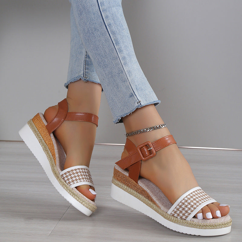 Hahnentrittmuster Sandalen Damen Sommer Schnalle Abendschuhe