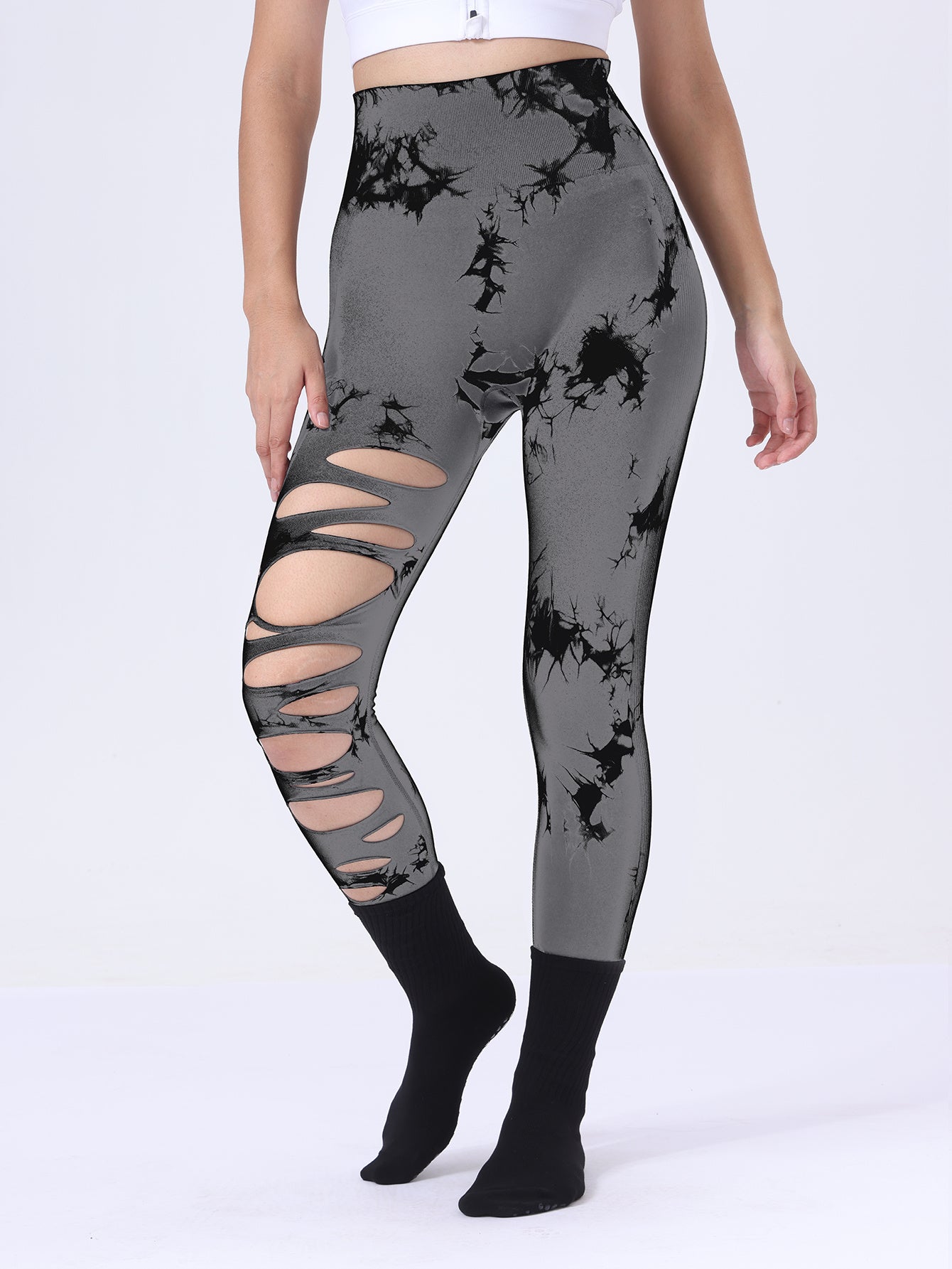 Po-Lifting-Yoga-Fitness-Sporthose, ausgehöhlte Bauchkontrolle-Sport-Leggings mit Batikmuster, Laufhose