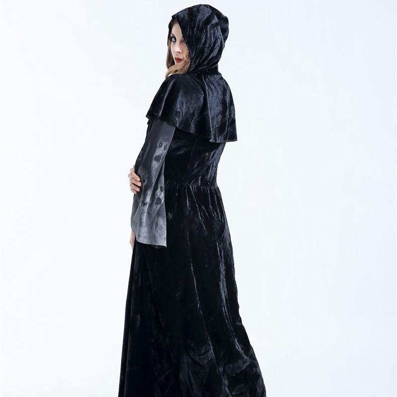 Halloween Femmes Médiéval Gothique Sorcière Maléfique Horreur Peur Costume Cosplay Fête Carnaval Fantôme Longue Robe Noire à Capuche