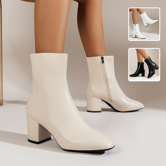 Stiefel mit klobigem Absatz und spitzer Zehenpartie und seitlichem Reißverschluss, modischer Stiefel bis zur Mitte der Wade für Damenschuhe