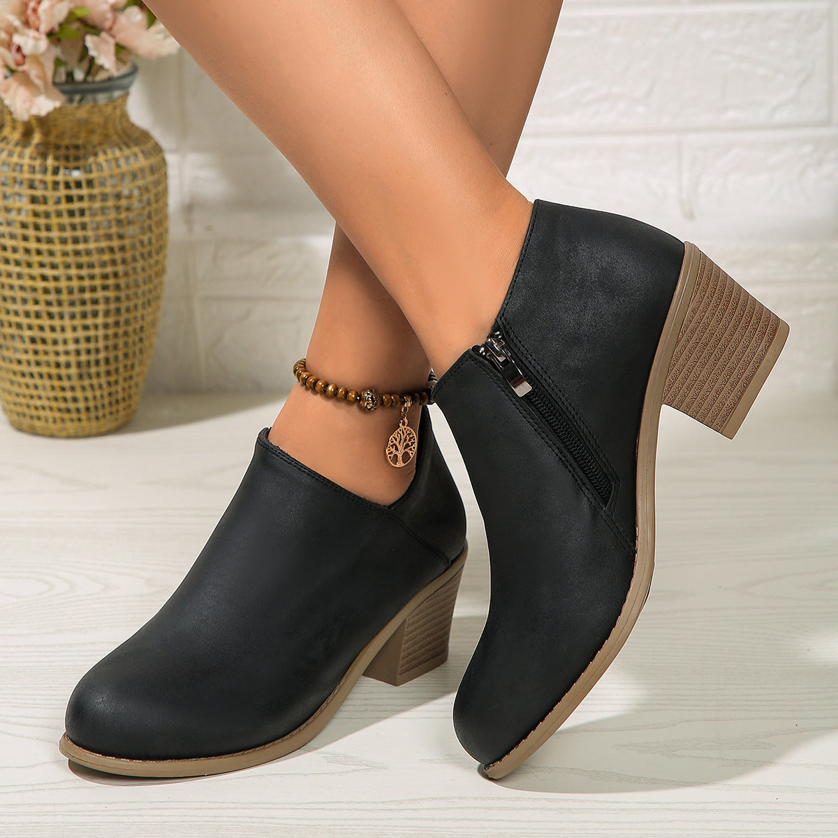 Stiefeletten mit klobigem Absatz und runder Spitze und seitlichem Reißverschluss-Design, modische kurze Stiefel für Damen im Herbst und Winter