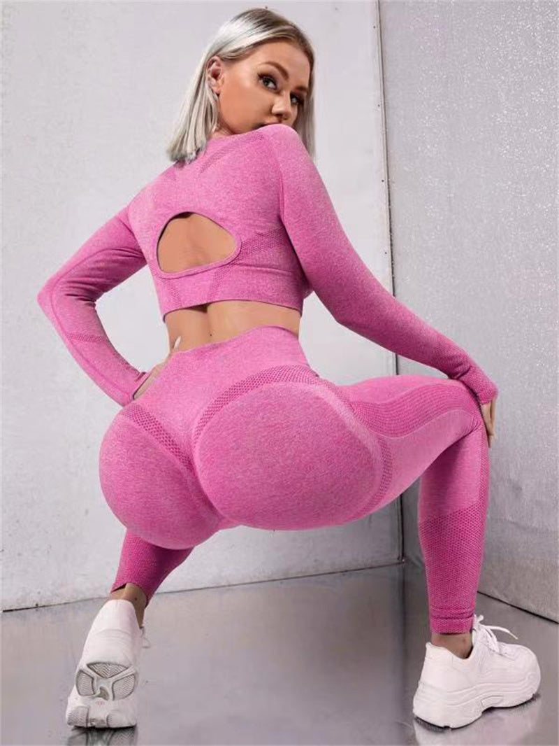 2 pièces Ensembles de sport hauts à manches longues creux et leggings de fitness sans couture taille haute gainante, vêtements de sport pour la gym