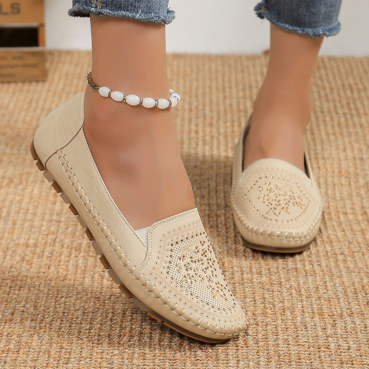 Chaussures décontractées pour femmes, cousues à la main, couleur unie, Gommino