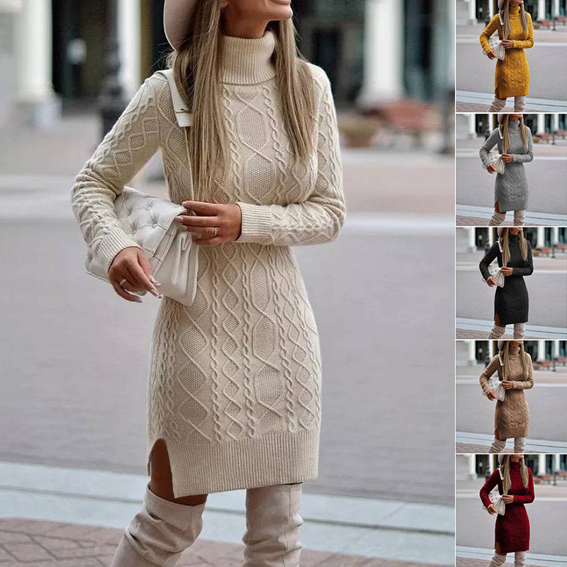 Stylish Fashion Turtleneck Knitted Dress With Slit Design Winter Warm
