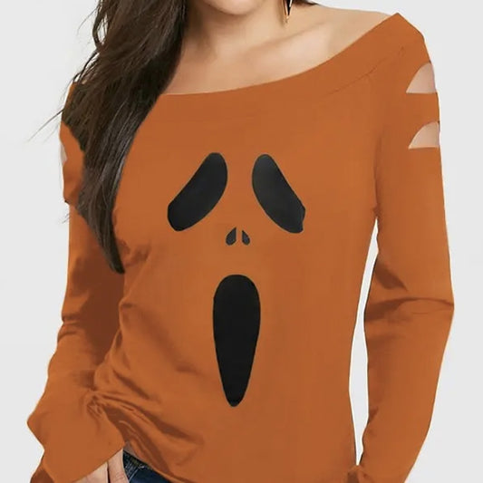 Damen Halloween Kürbis bedrucktes Gothic T-Shirt mit diagonalem Kragen und hohlen langen Ärmeln 
