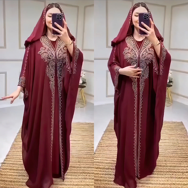 Stylish Rhinestone Beaded Muslim Long Gown African Hooded Dress for E