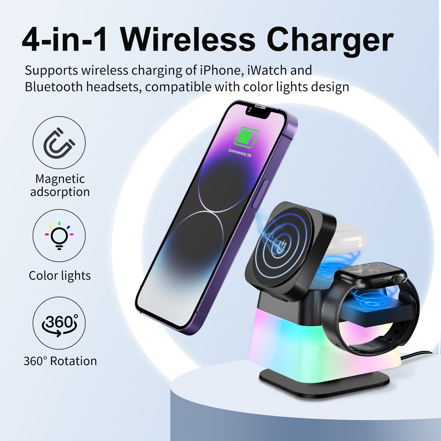 Support de chargeur sans fil 4 en 1 rotatif et lumineux pour téléphone 15 14 13 12 Pro Max 8 7 Station de charge rapide magnétique