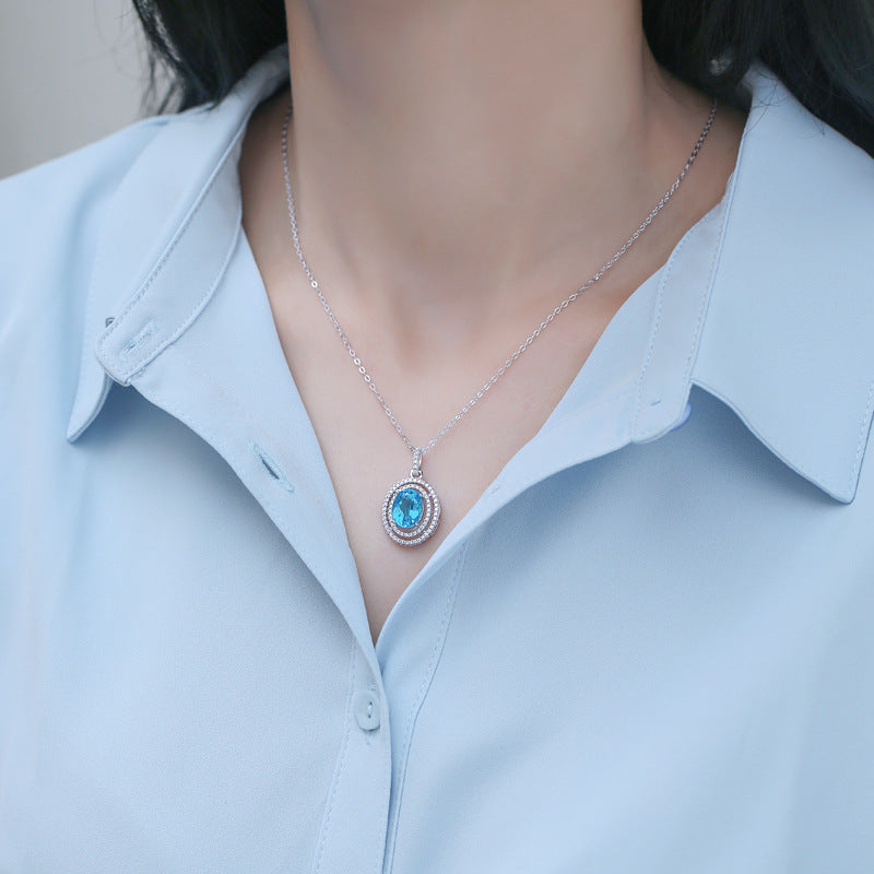 Collier en Argent Sterling S925, Topaze Bleue Cœur de l'Océan, Incrustation Moissanite, Bijoux de Luxe Légers et Haute Définition