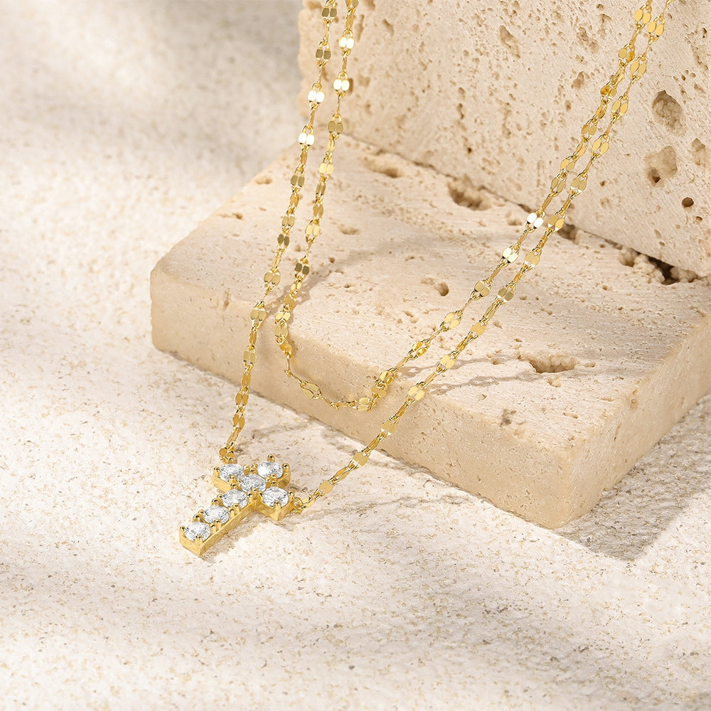 Women's S925 Sterling Silver Double Layer Twin Cross Diamond-studded Necklace