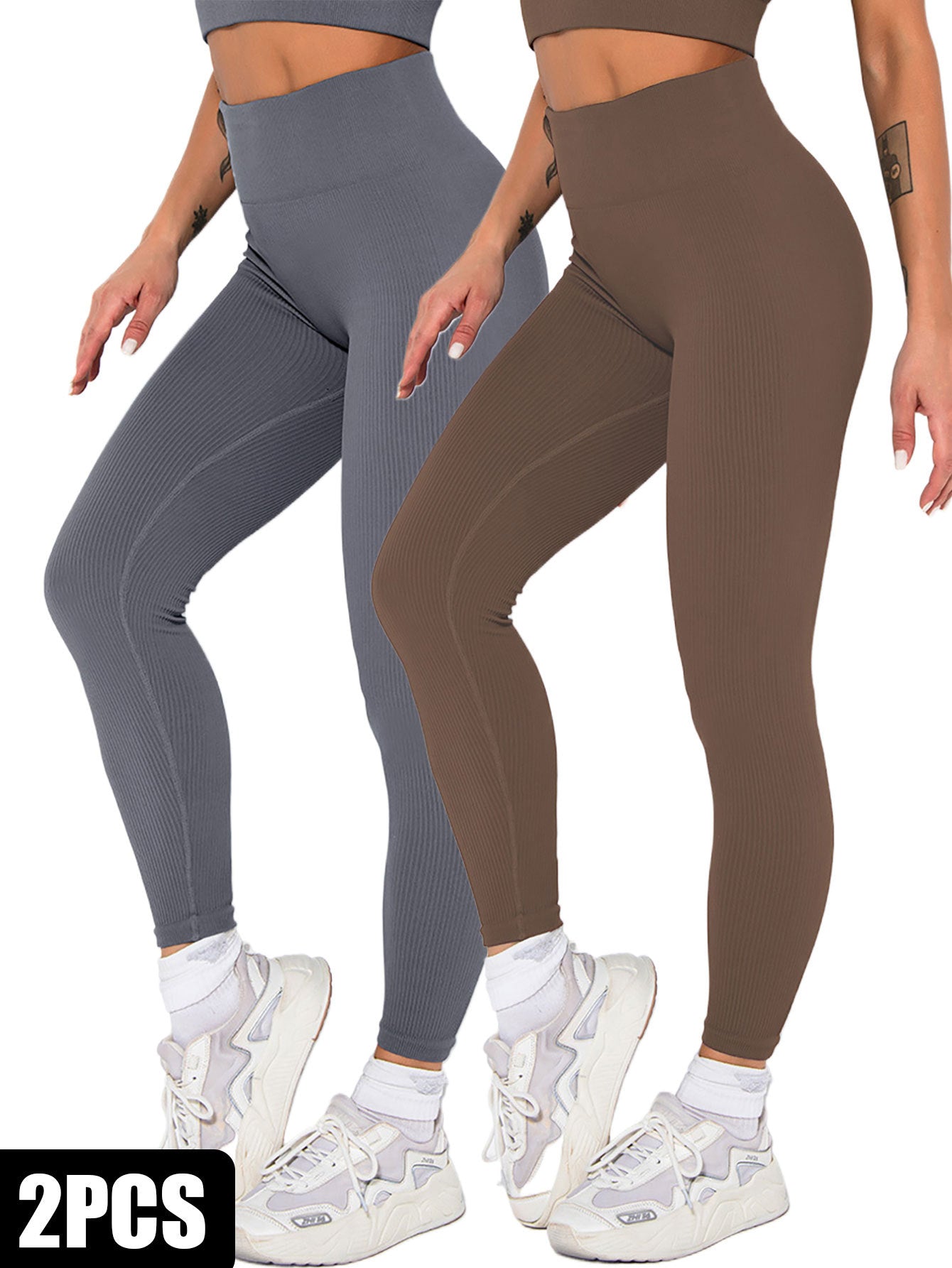 2er-Pack nahtlose gerippte Leggings für Damen, weiche, schlankmachende Yogahosen, gerippte Yogahosen, hohe Taille, Fitnessstudio-Leggings, Sport, Frauen, Fitness, nahtlos, weiblich