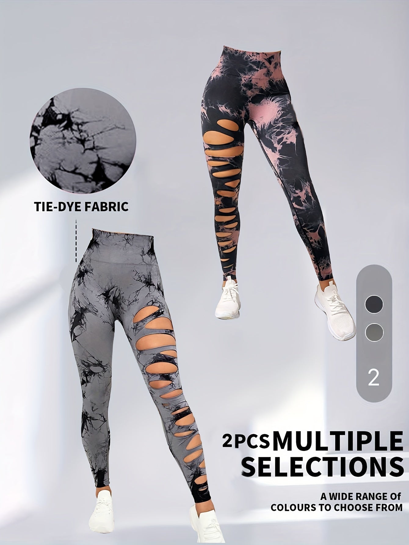 2er-Pack hohle, sexy, hochelastische Damen-Strumpfhosen mit Batikmuster und Ausschnitten, hohe Taille, Workout-Yoga-Leggings, elastische Scrunch-Po-Lifting-Hose, Bauchkontrolle, Po-Lifting, Workout-Yoga-Sporthose