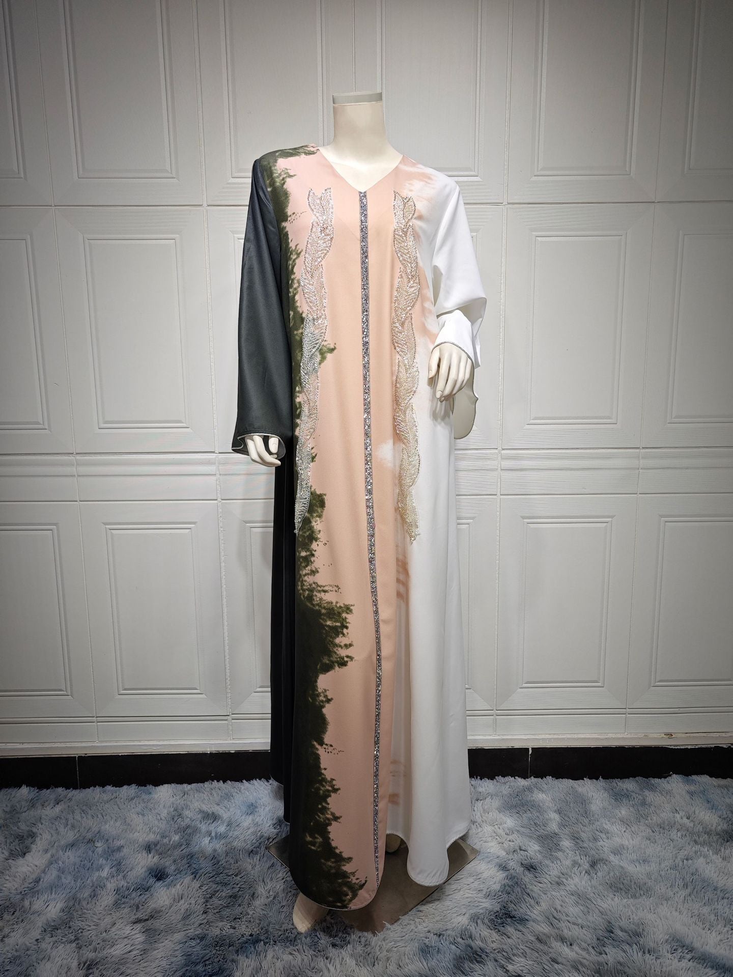 Robe Musulmane Broderie de Perles Teinture par Nouage Strass