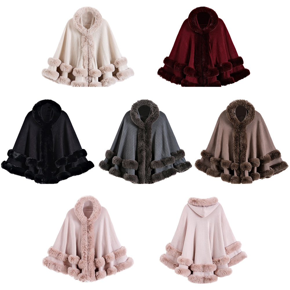 Oversized Knitted Cape Outer Shawl Artificial Fur Collar Hooded Warm Jacket