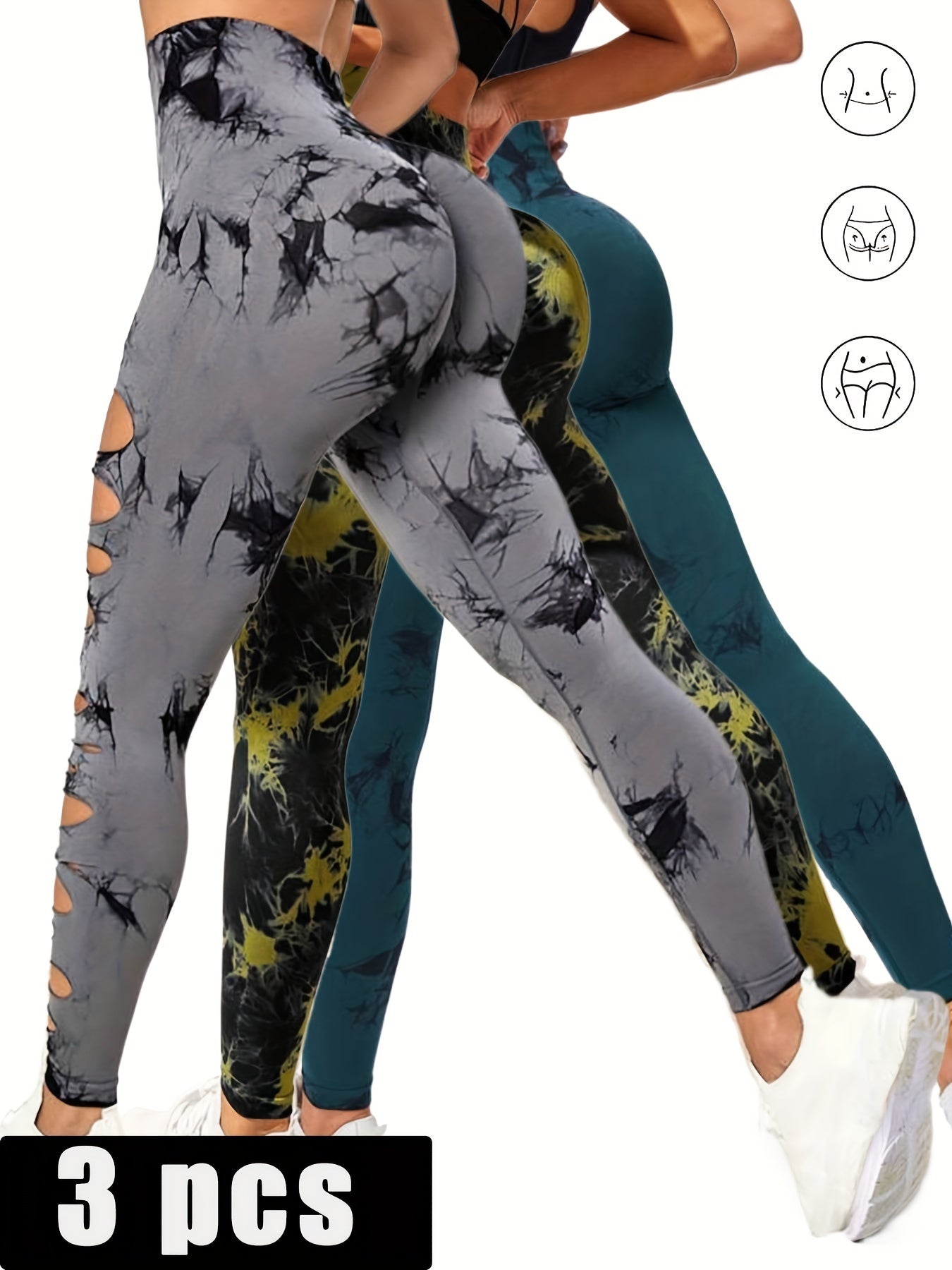 3er-Pack Damen-Strumpfhosen mit Batikmuster und Cutout, hohe Taille, Workout-Yoga-Leggings, elastische Scrunch-Po-Lifting-Hose, Yoga-Hose mit hoher Taille und Cutout, zerrissene Bauchkontrolle, Workout, Laufen, Yoga, Skinny-Leggings