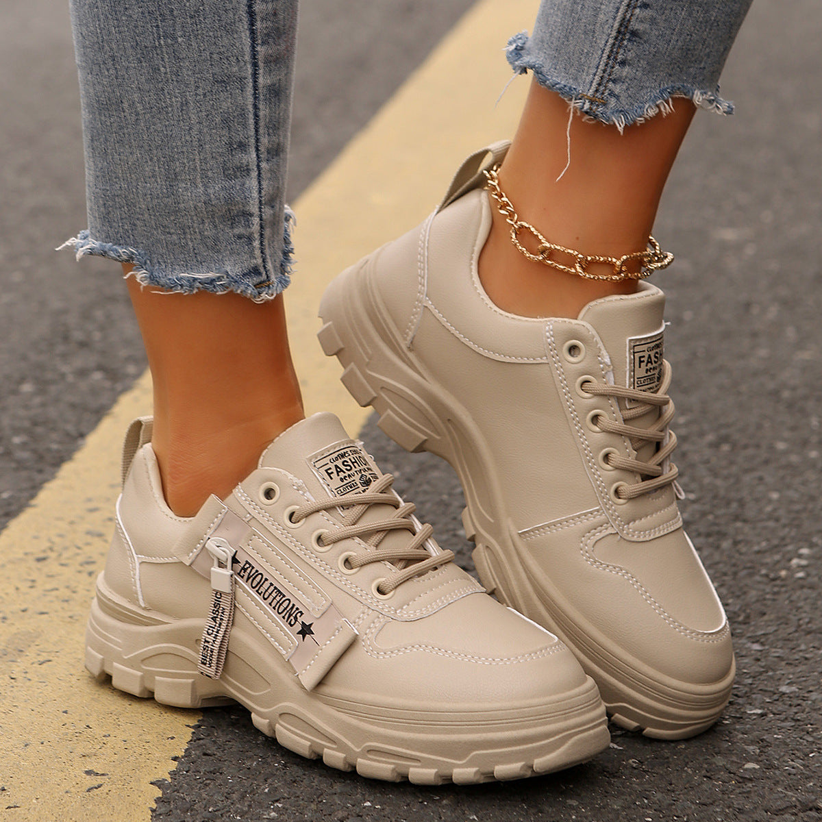 Sportschuhe zum Schnüren mit seitlichem Reißverschluss-Design, modische Freizeitschuhe mit runder Spitze und dicker Sohle für Damen-Sneaker
