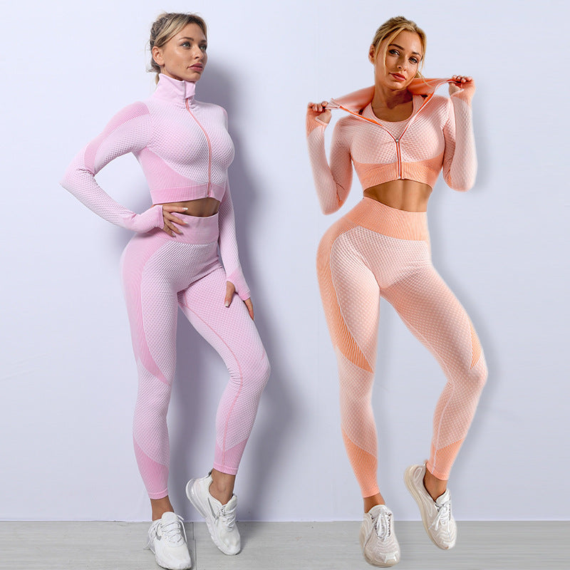 Ensemble de yoga 3 pièces sans couture pour femme - Leggings, haut court et soutien-gorge de sport - Tenue de fitness pour femme - Survêtement