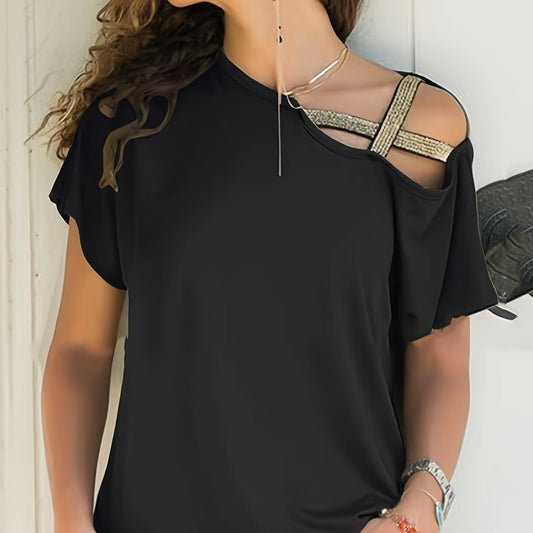 Damen T-Shirt mit Pailletten und goldenen Schulterträgern, schulterfrei, gekreuzt, schulterfrei, kurzärmelig, zum Binden 