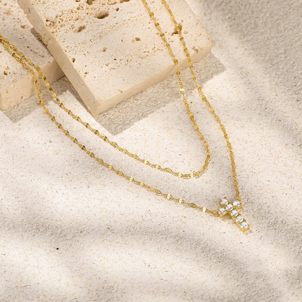 Women's S925 Sterling Silver Double Layer Twin Cross Diamond-studded Necklace
