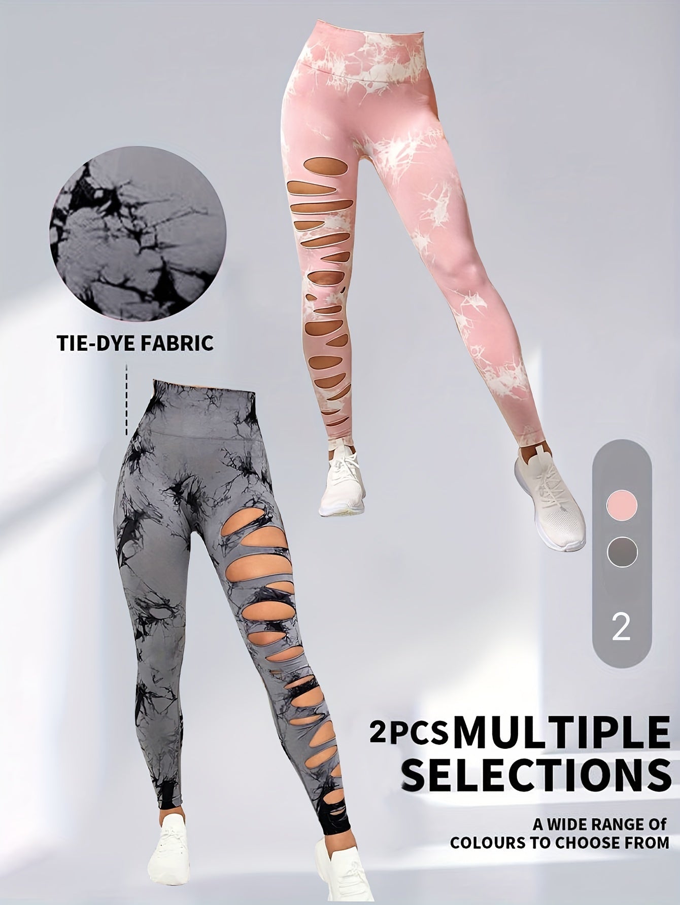 2er-Pack hohle, sexy, hochelastische Damen-Strumpfhosen mit Batikmuster und Ausschnitten, hohe Taille, Workout-Yoga-Leggings, elastische Scrunch-Po-Lifting-Hose, Bauchkontrolle, Po-Lifting, Workout-Yoga-Sporthose