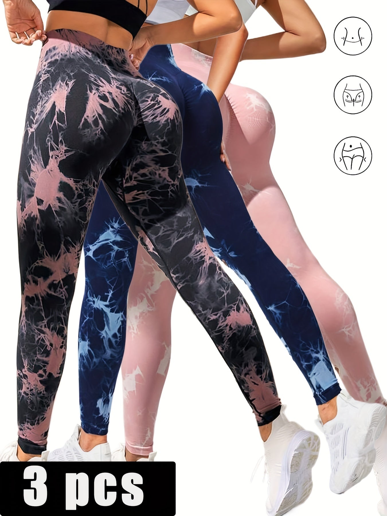 3er-Pack Damen-Strumpfhosen mit Batikmuster und Cutout, hohe Taille, Workout-Yoga-Leggings, elastische Scrunch-Po-Lifting-Hose, Yoga-Hose mit hoher Taille und Cutout, zerrissene Bauchkontrolle, Workout, Laufen, Yoga, Skinny-Leggings
