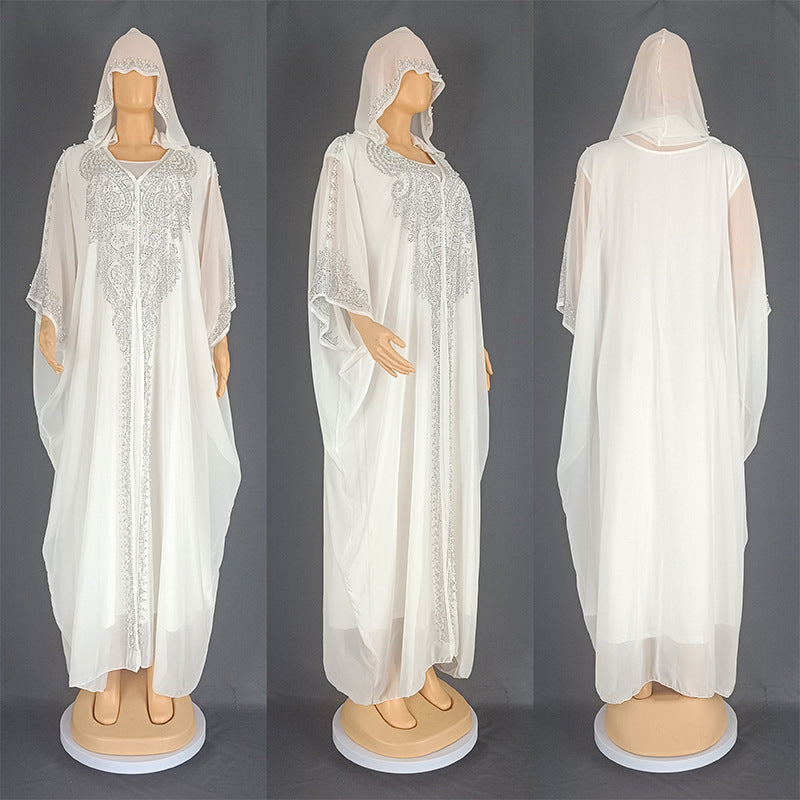 Stylish Rhinestone Beaded Muslim Long Gown African Hooded Dress for E