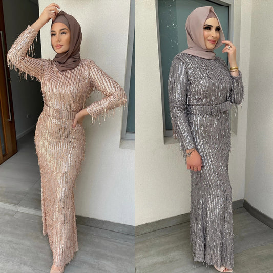 Stylish Sequin Tassels Slim Fit Dress Muslim Dress for Everyday Wear